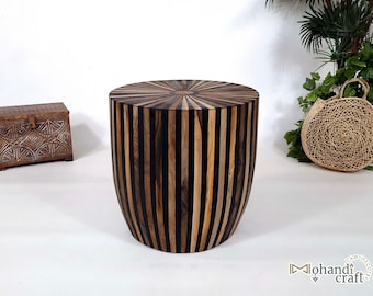 MOROCCAN Custom Made ROUND TABLE, Unique Handcrafted Modern Wood Side Table, Walnut-Wood Striped Coffee End Table, Accent Stool in Black