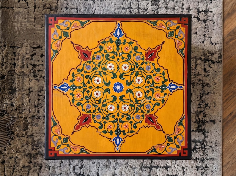 Hand Painted Moroccan Wood Table, Handmade Redwood Golden Floor Table, Boho Luxury Living Room Decor, Mohandicrafts image 5