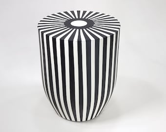 STRIPE HANDMADE Round Table, Unique Wooden Art Side Table Piece, Black-White Stripe Table Coffee End Table, Add Moroccan Charm to Your Room