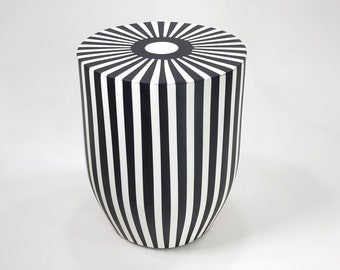 STRIPE HANDMADE Round Table, Unique Wooden Art Side Table Piece, Black-White Stripe Table Coffee End Table, Add Moroccan Charm to Your Room