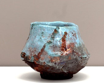 Tea bowl, hand carved raku bowl, ceramic, turquoise and copper red colors, Chawan 36.