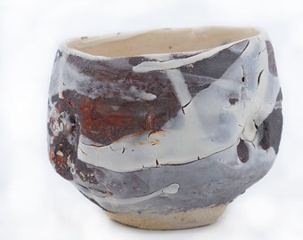 Chawan 11 tea bowl, hand-carved stoneware bowl (kurinuki technique), ceramic, Enamel Shino bowl, winter colors.