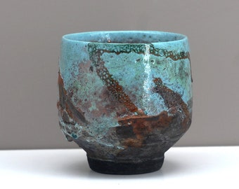 Chawan 40 tea bowl, handmade raku bowl (kurinuki technique), ceramic, turquoise and bronze colors.