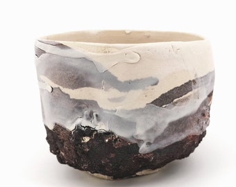 Chawan 7 tea bowl, hand-carved stoneware bowl (Kurinuki technique), ceramic, Shino enamel bowl, winter color decor.