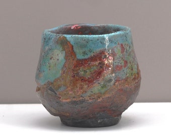 Tea bowl, hand-carved raku bowl (kurinuki technique), ceramic, bronze and turquoise colors, Chawan 33.