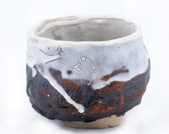 Tea bowl, hand-carved stoneware bowl (kurinuki technique), ceramic, Shino enamel bowl, snow colors on embers, Chawan 2.