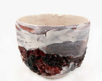 Chawan 5 tea bowl, hand-carved stoneware bowl (Kurinuki technique), ceramic, Shino enamel bowl, winter color decor in Iceland.