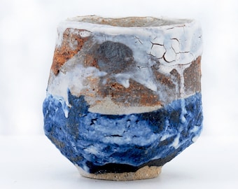Tea bowl, hand-carved stoneware bowl (kurinuki technique), ceramic, Shino enamel bowl, Chawan 12.