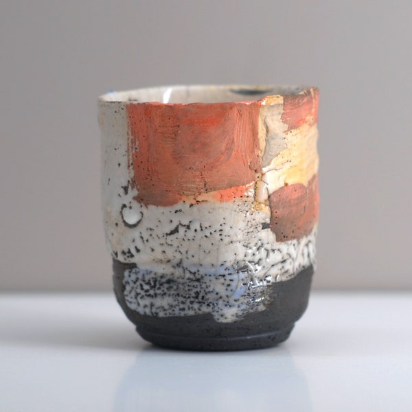 Bol à thé Yunomi 11, bol raku fait à la main, céramique, bol décor tableau abstrait, couleurs de bord de mer.