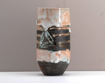 Tube vase 6, handmade raku vase, ceramic, ethnic decor vase, orange, white, black, turquoise colors.