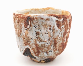 Chawan 10 tea bowl, hand-carved stoneware bowl (kurinuki technique), ceramic, Shino enamel bowl, orange and white colors.