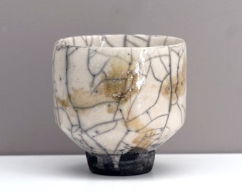 Chawan 44 tea bowl, handmade raku bowl, ceramic, white and gold colored bowl.