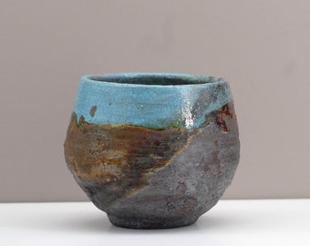 Tea bowl, handmade raku bowl, ceramic, turquoise and bronze colors, Chawan 31.