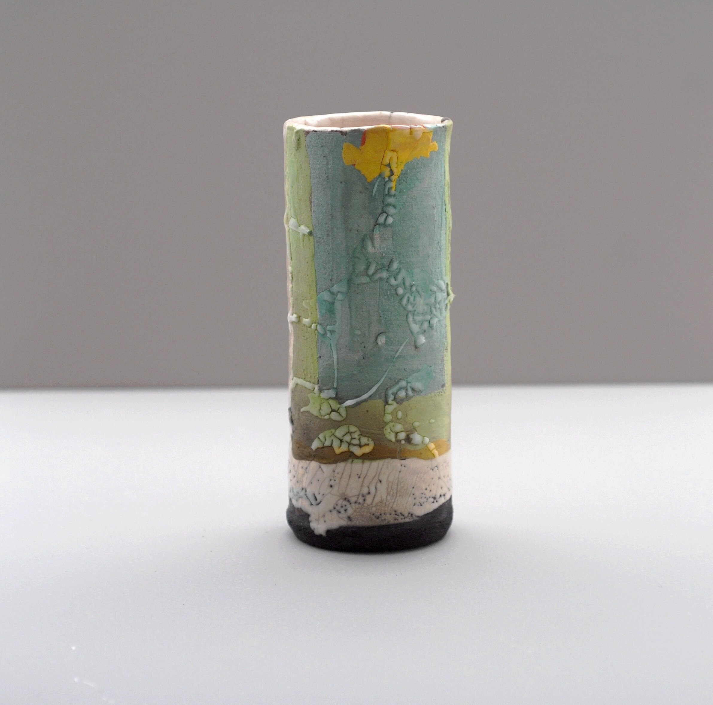 Petit Vase Tube en Céramique Raku, Vert d'eau, Jaune, Blanc, Sublime Poterie, Cadeau Pour Amateur de