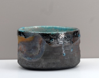 Handmade raku salad bowl, ceramic, bronze, ocher and turquoise colors, Bowl 1.