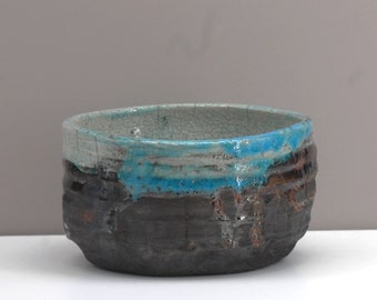 Handmade raku salad bowl, ceramic, bronze and turquoise colors, Ecuelle 5.
