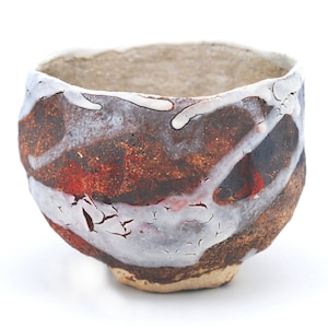 Chawan Tea Bowl 1. Hand carved stoneware bowl for the tea ceremony. Shino enamel, white, red and bronze colors. Unique piece.
