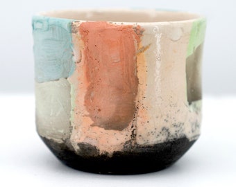 Yunomi tea bowl 1, handmade raku bowl, ceramic, abstract painting decor bowl, spring colors.