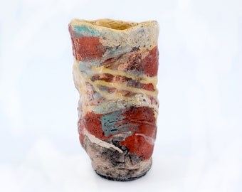 Tube vase 3, hand carved raku vase, ceramic, summer colors.