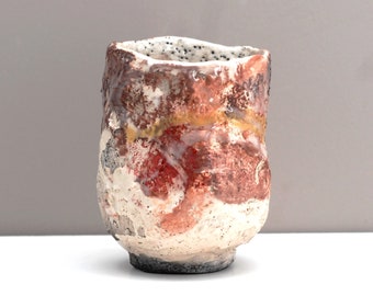 Tea bowl, hand-carved raku bowl (kurinuki technique), ceramic, white, bronze, orange and ocher colors, Chawan 45.