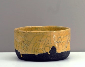 Handmade raku salad bowl, ceramic, buttercup yellow colors, Bowl 4.