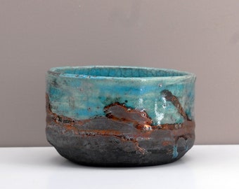Handmade raku salad bowl, ceramic, turquoise and bronze colors, Ecuelle 2.