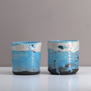 Set of two small Yunomi 14 tea bowls, handmade raku bowls, ceramic, Côte d'Azur color decor.