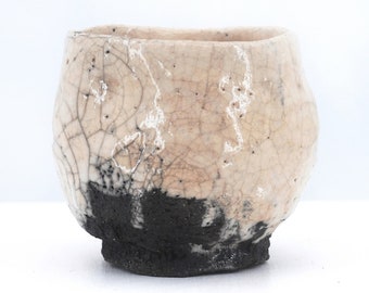 Tea bowl, hand-carved raku bowl (kurinuki technique), ceramic, white color, Chawan 1.