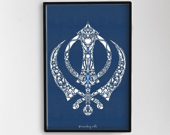 Floral Khanda Sikh Wandkunst, Punjabi spirituelles Dekor, Blau Kunstdruck (digitaler Download)