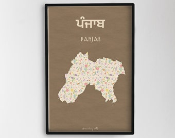 Mapa del Punjab indiviso, póster floral punjabí (descarga digital)