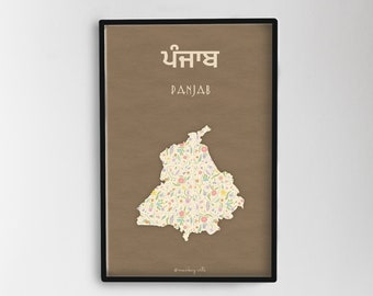 Mapa moderno de Punjab, decoración floral punjabí para pared (descarga digital)