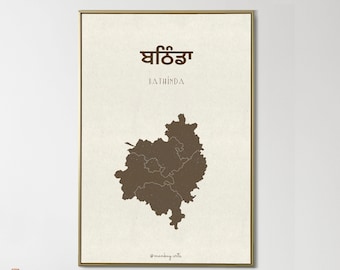 Bathinda Distrikt Karte, minimalistische Punjabi Wandkunst, Punjab City Poster (Digitaler Download)