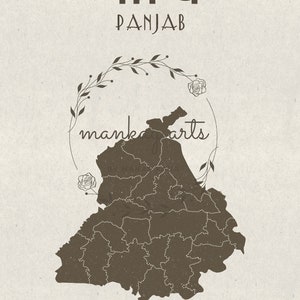 K&ouml;nnte beinhalten: Eine braune Umrisskarte von Punjab, Indien, mit dem Text "Punjab" in Braun und dem Text "mankay arts" in Schwarz. Die Karte ist von einem Kranz aus Bl&auml;ttern und Rosen umgeben.