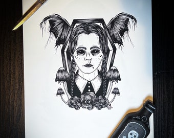 Wednesday Bat Coffin Mushroom Addams Gothic Print and Stickers