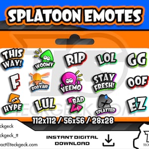 Emotki Splatoon Twitch x15 | Tędy, Woomy, Rip, Lol, Gg, F, Booyah, Veemo, Bądź świeży, Oof, Hype, Lul, 2bad, Splatted, Ez