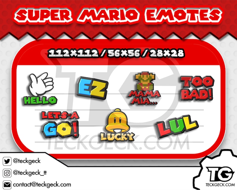Mario Twitch Emotes x14 Lets-A Go, Mama Mia, Lol, Too Bad, Hype, LUL, Hello, Lucky, Here We Go, Oof, EZ, Hammer Time, Showtime, Gg image 3