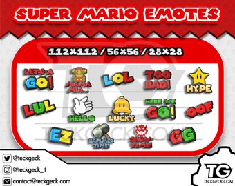 Mario Twitch Emotes x14 | Lets-A Go, Mama Mia, Lol, Too Bad, Hype, LUL, Hello, Lucky, Here We Go, Oof, EZ, Hammer Time, Showtime, Gg