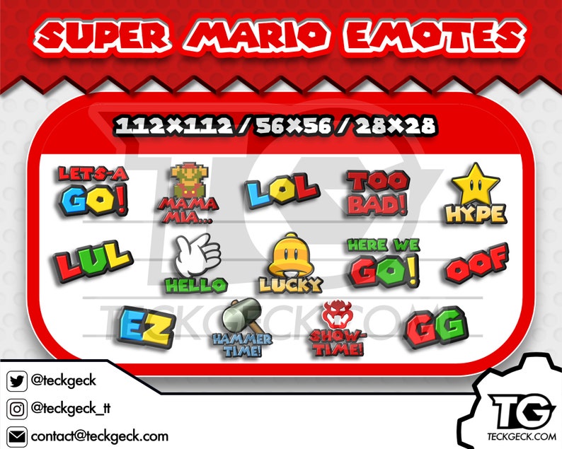 Mario Twitch Emotes x14 Lets-A Go, Mama Mia, Lol, Too Bad, Hype, LUL, Hello, Lucky, Here We Go, Oof, EZ, Hammer Time, Showtime, Gg image 1