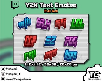Y2K Twitch Text Emote Pack Full set x 40 | Discord | YouTube | Facebook | lol | Oof | GG | Bruh | RIP | Hype | EZ | Ayo | Pog | Wth