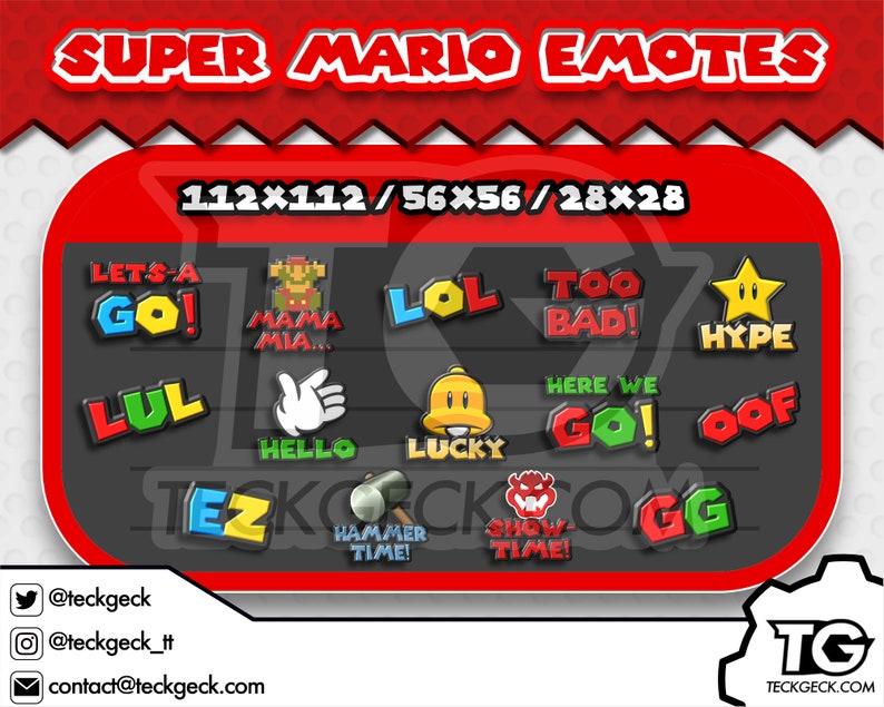 Mario Twitch Emotes x14 Lets-A Go, Mama Mia, Lol, Too Bad, Hype, LUL, Hello, Lucky, Here We Go, Oof, EZ, Hammer Time, Showtime, Gg image 2