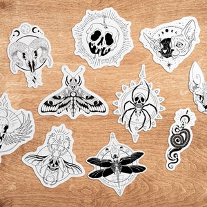 Lot de 10 Stickers Crâne/Squelette - Style Tattoo Gothique - Vinyle Durable