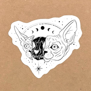 Sticker Autocollant Chat Sphynx Crâne - Style Tattoo Gothique en Noir et Blanc - Décoration Polyvalente - Disponible en Lot