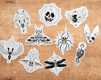 Pack of 10 Skull/Skeleton Stickers - Gothic Tattoo Style - Durable Vinyl