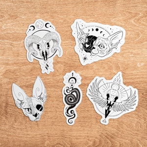 Lot de 5 Stickers Animaux et Crâne/Squelette - Style Tattoo Gothique - Vinyle Durable