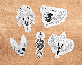 Pack of 5 Animal and Skull/Skeleton Stickers - Gothic Tattoo Style - Durable Vinyl