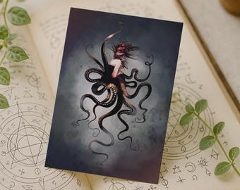 OctoQueen Steampunk Art Print | Gothic Octopus Woman Illustration 4x5.5" | Dark Fantasy Mini Print | Limited Edition by Olivia Rovere