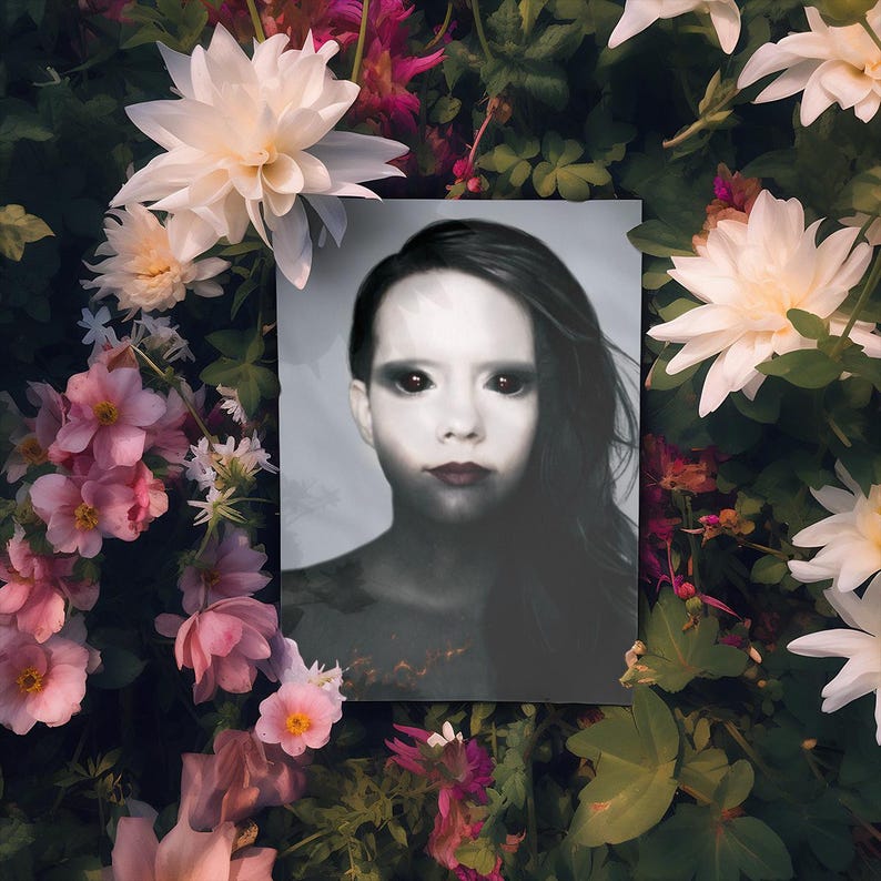 May include: A grayscale portrait of a person with dark hair and red eyes, surrounded by a vibrant floral arrangement of white and pink flowers. The portrait has a surreal, artistic quality.