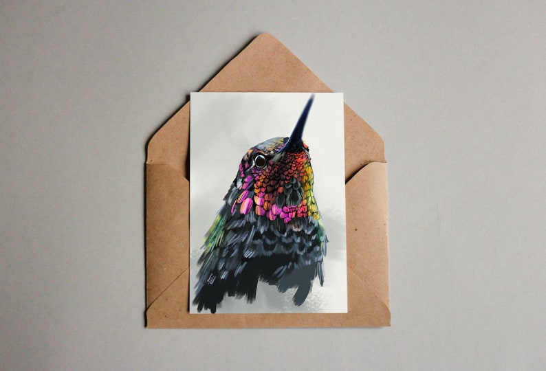May include: A close-up of a colorful hummingbird with iridescent green, blue, and pink feathers. The bird is looking up with its beak open.