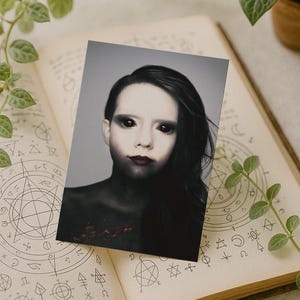 May include: A portrait photo featuring a person with dark hair and pale skin, with dark eye makeup and red eyes. The person is positioned over an open book with occult symbols. The image has a dark, gothic aesthetic.