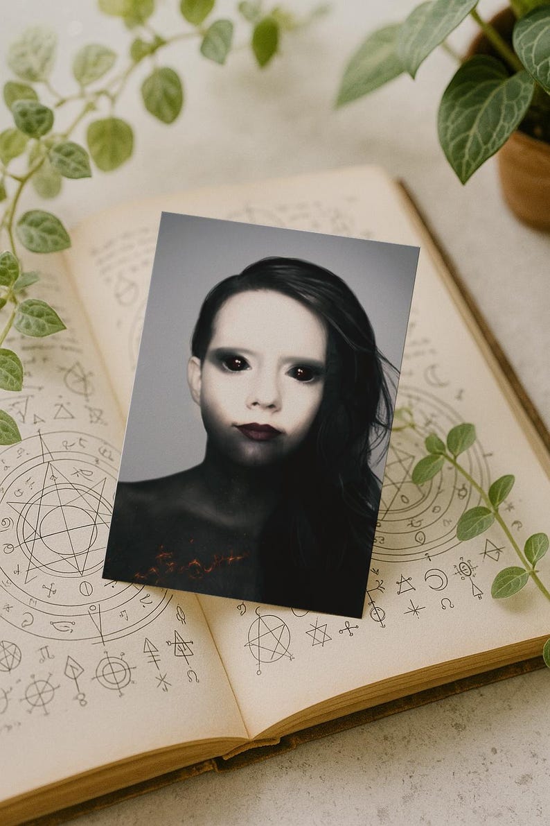 May include: A portrait photo featuring a person with dark hair and pale skin, with dark eye makeup and red eyes. The person is positioned over an open book with occult symbols. The image has a dark, gothic aesthetic.